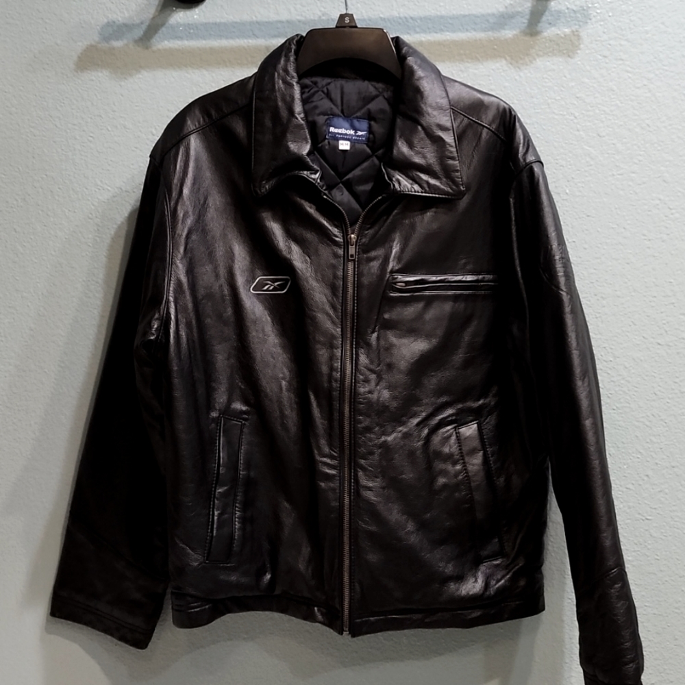 Vintage Reebok Leather Jacket Black Medium